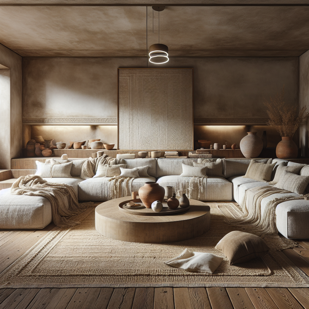 Moderne woonkamer met aardse tinten, natuurlijke materialen en comfortabele meubels.