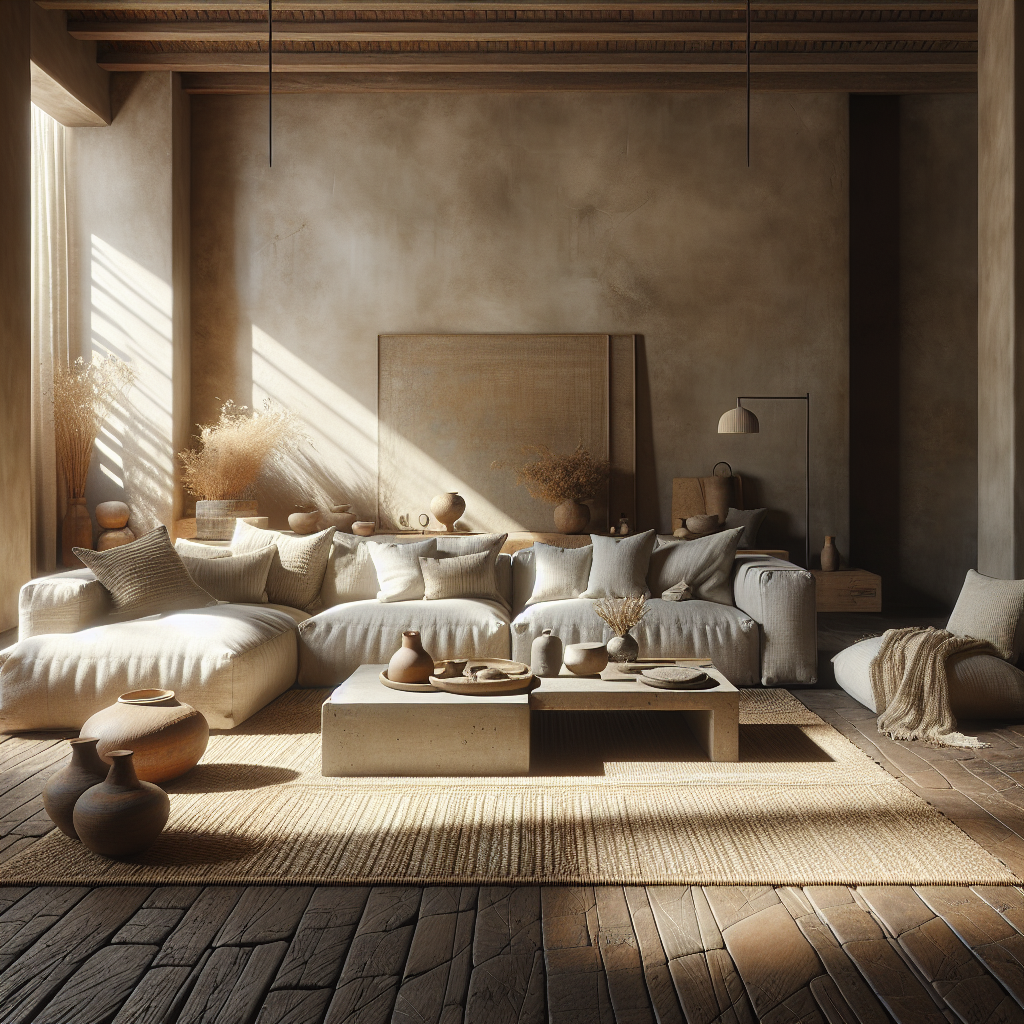 Een sfeervolle woonkamer met neutrale tinten en natuurlijke decoraties.