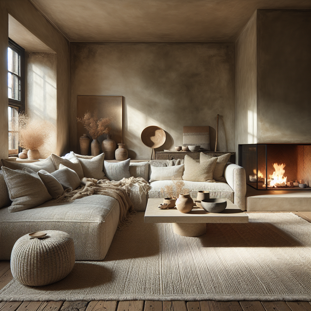 Gemütlicher Wohnraum mit neutralen Tönen, dekorierten Kissen und einem offenen Kamin.