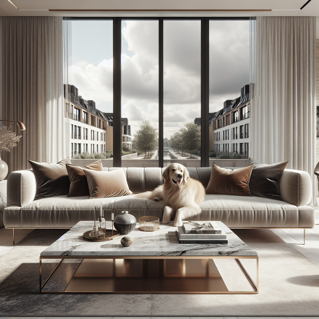 Moderne woonkamer met een comfortabele bank en een vrolijke hond.