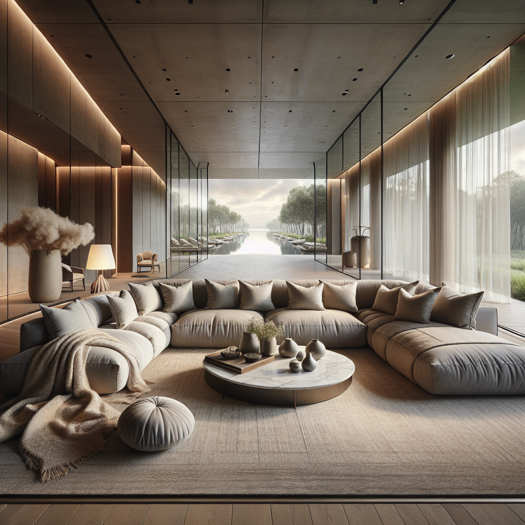Een moderne woonkamer met een grote bank en uitzicht op een serene tuin.