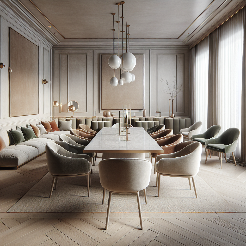 Moderne eetkamer met een lange tafel en gestoffeerde stoelen in rustige kleuren.