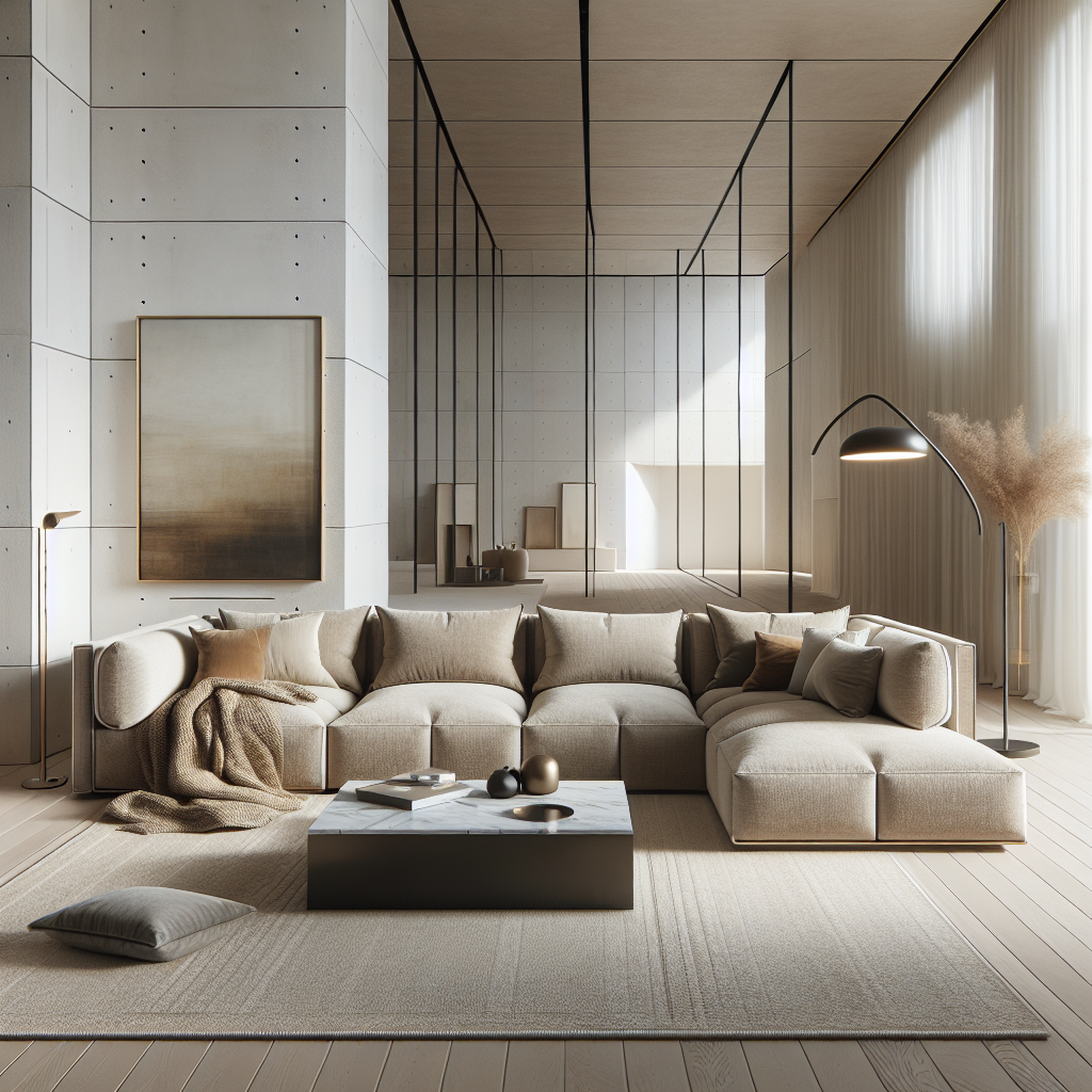 Moderne woonkamer met een lichte, uitnodigende bank en minimalistische decoratie.