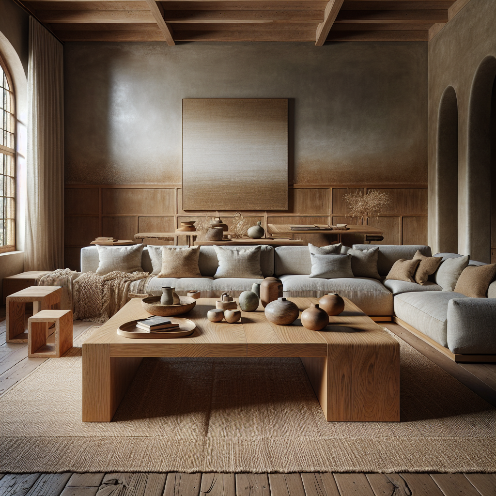 Moderne woonkamer met een comfortabele bank, natuurlijke materialen en aardetinten.