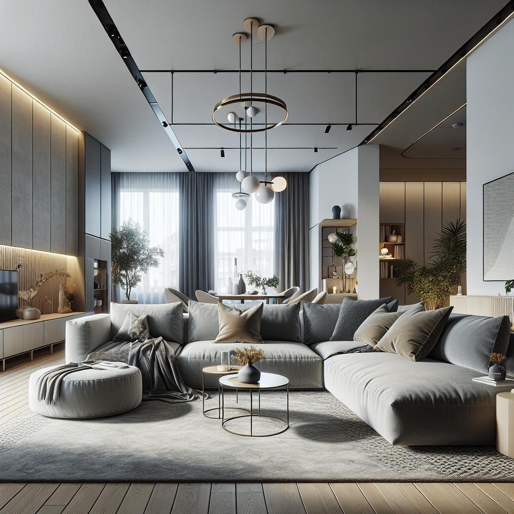 Gestoffeerde grijze L-vormige bank in een minimalistisch ingerichte woonkamer met neutrale kleurenpalet, houten accenten, design hanglamp en grote ramen die natuurlijk licht binnenlaten.