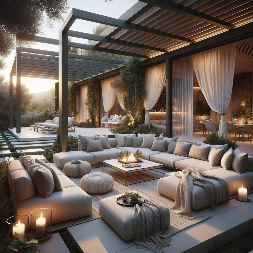 Een stijlvolle buitenlounge met comfortabele meubels en sfeervolle verlichting bij zonsondergang.