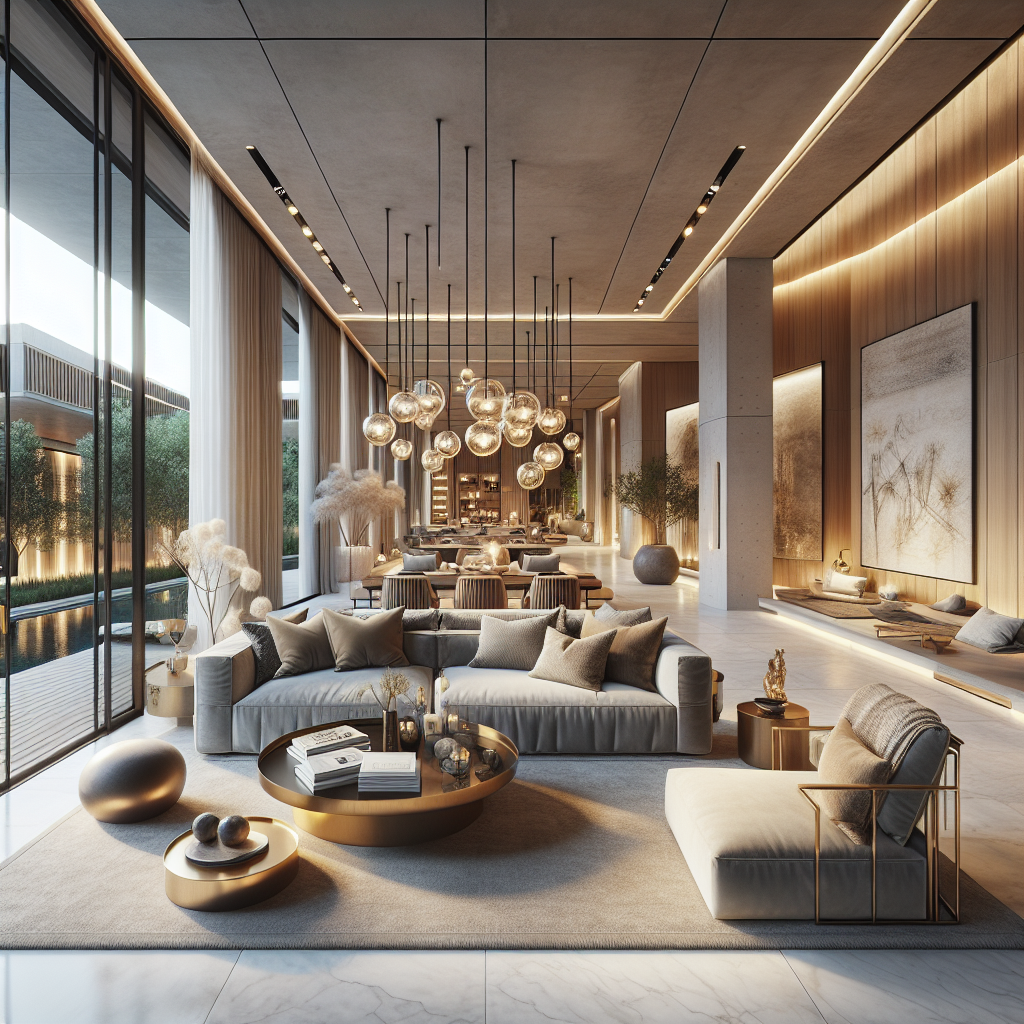 Luxueuze woonkamer met moderne meubels en sfeervolle verlichting. Rustgevende, uitnodigende ambiance.