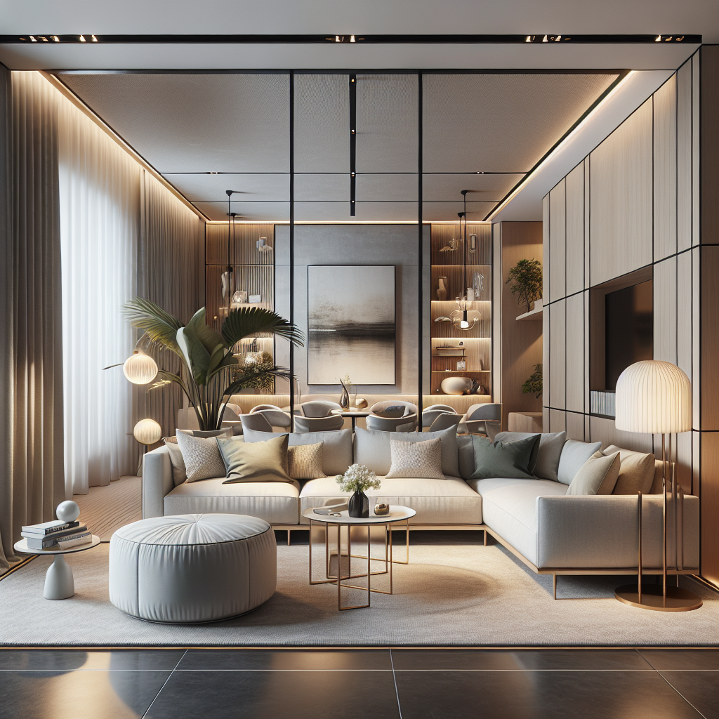 Moderne woonkamer met stijlvolle meubels en warme verlichting, een uitnodigende sfeer.