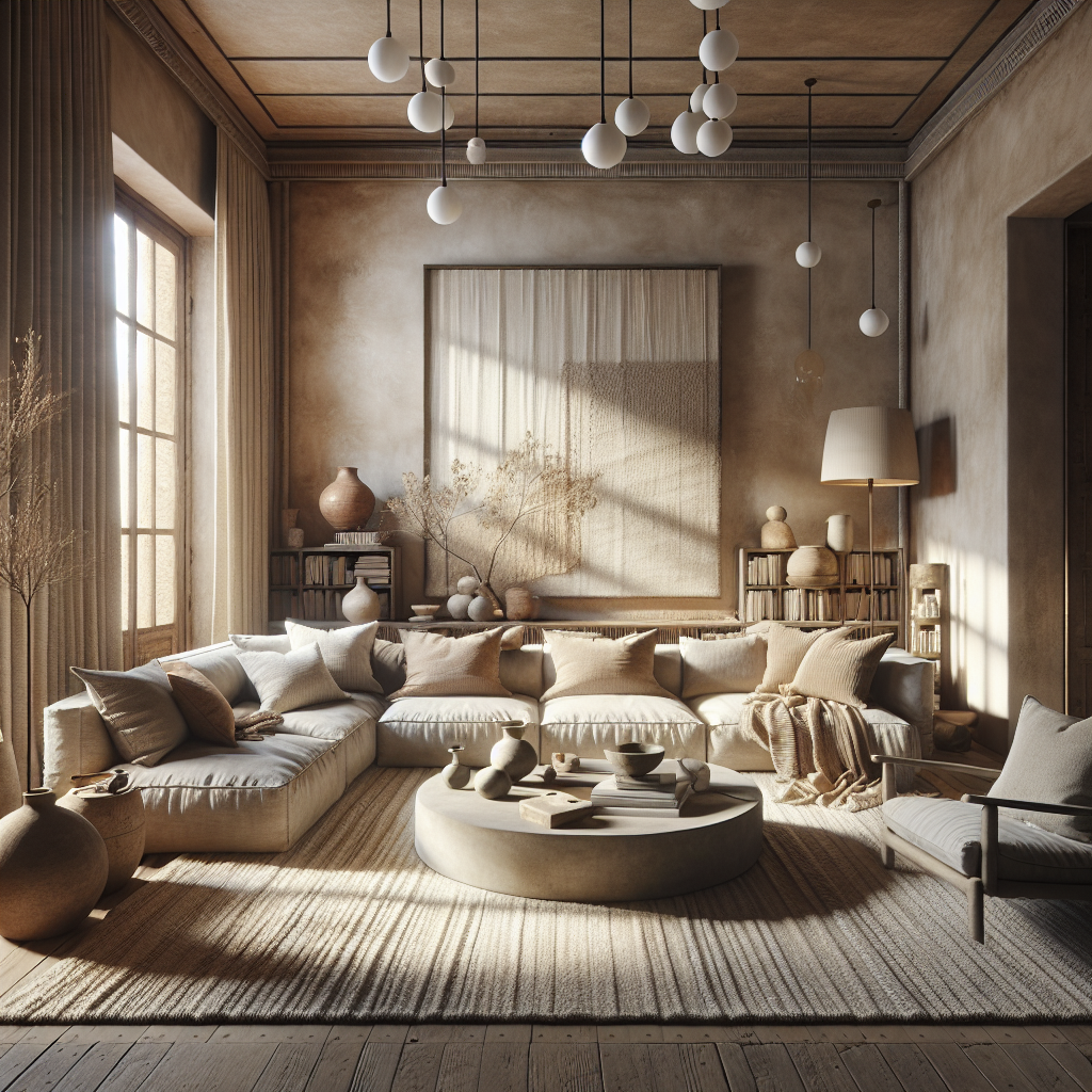 Een sfeervolle woonkamer met neutrale tonen en comfortabele meubels.
