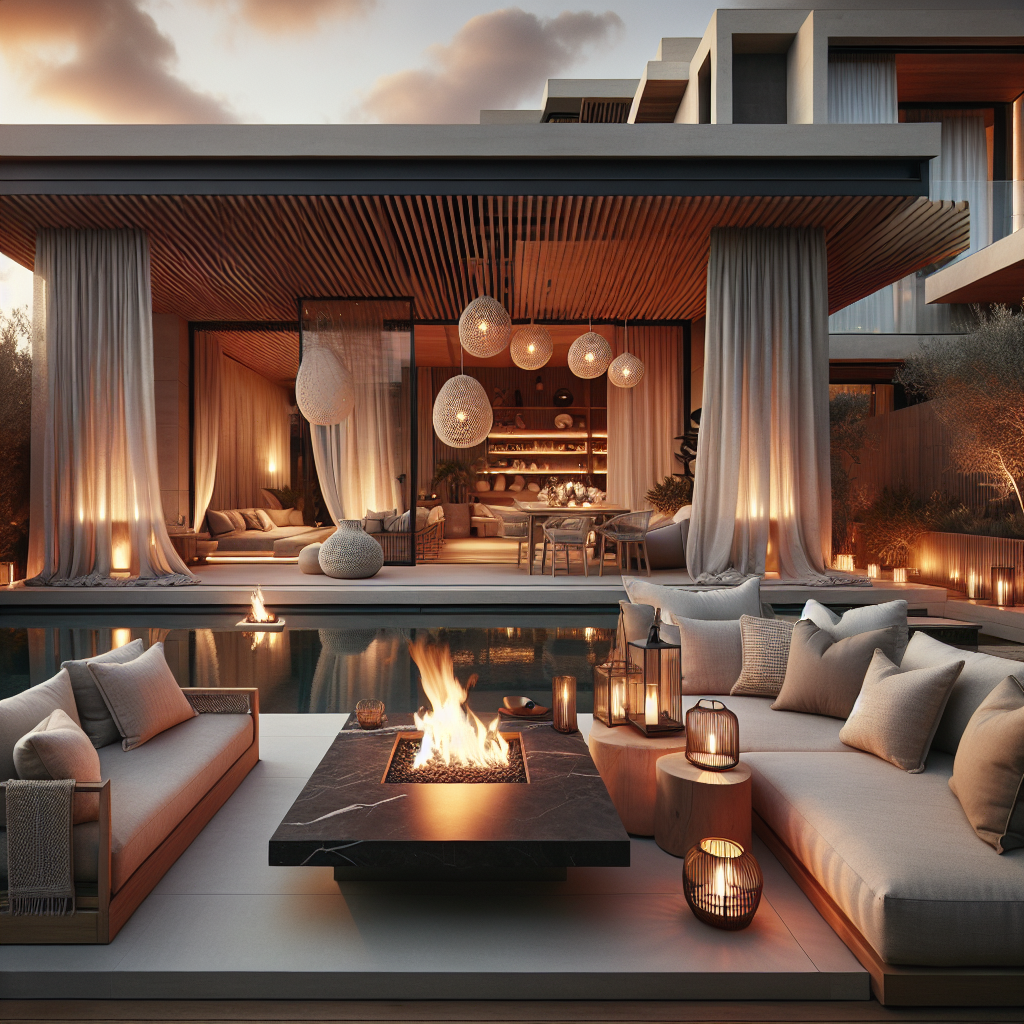 Luxe buitenruimte met een open haard en sfeervolle verlichting bij zonsondergang.