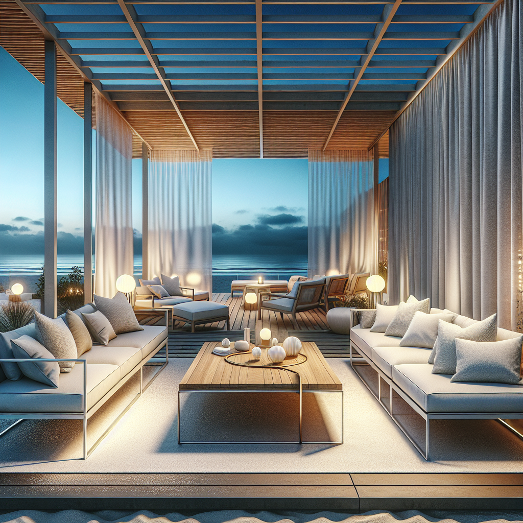 Terraza elegante al anochecer con cómodos muebles y vista al mar.