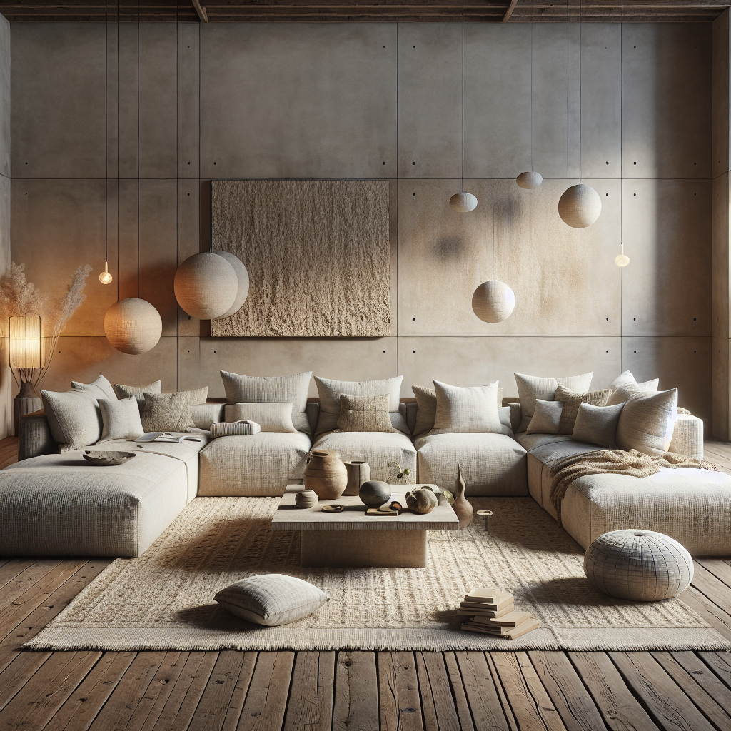 Een moderne woonkamer met neutrale kleuren, comfortabele meubels en sfeervolle verlichting.