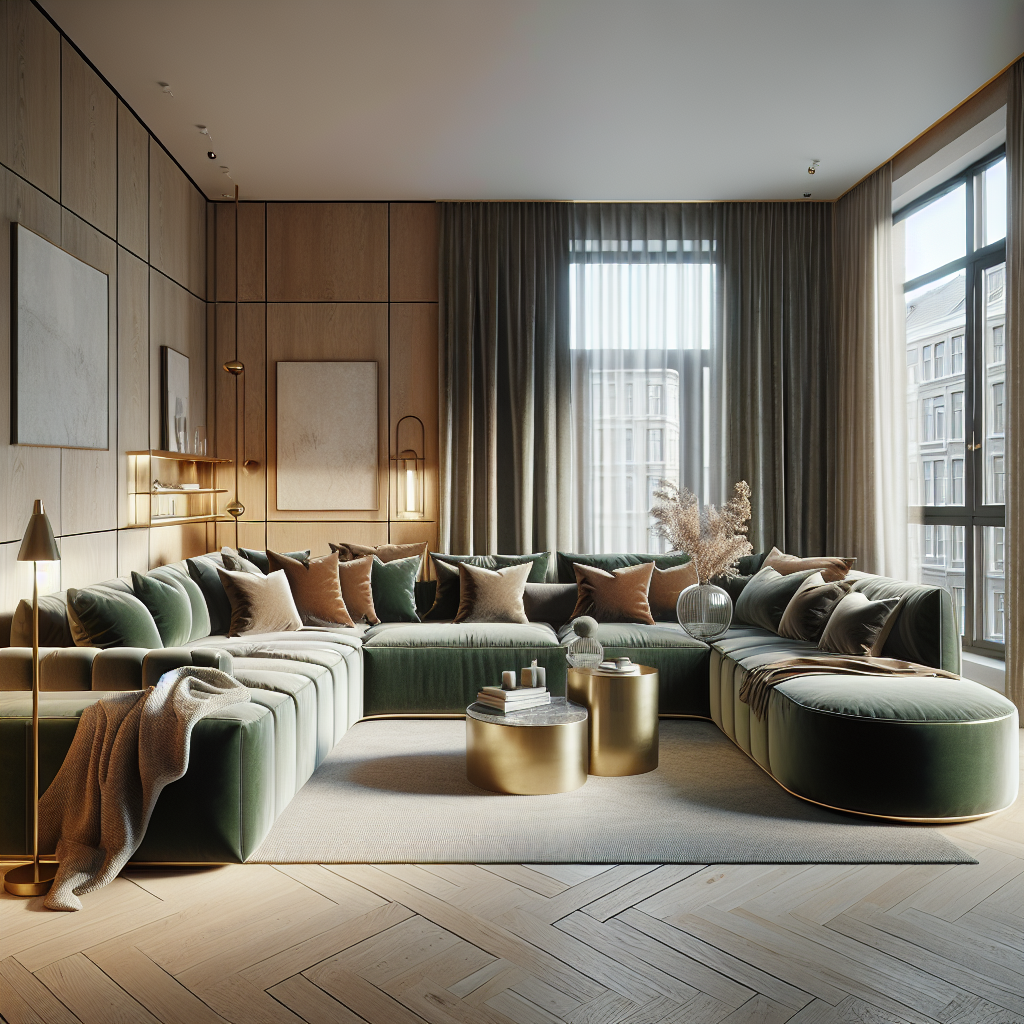 Moderne woonkamer met groene bank, gouden tafels en stijlvolle decoraties.