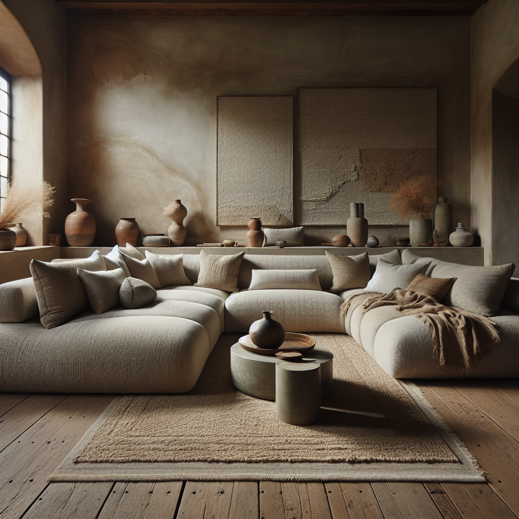 غرفة معيشة أنيقة مع أريكة مريحة وزخارف خزفية.