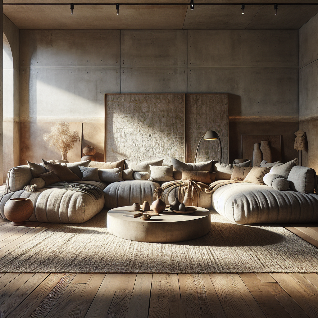 Moderne woonkamer met een comfortabele bank, houten vloer en sfeervolle decoratie.