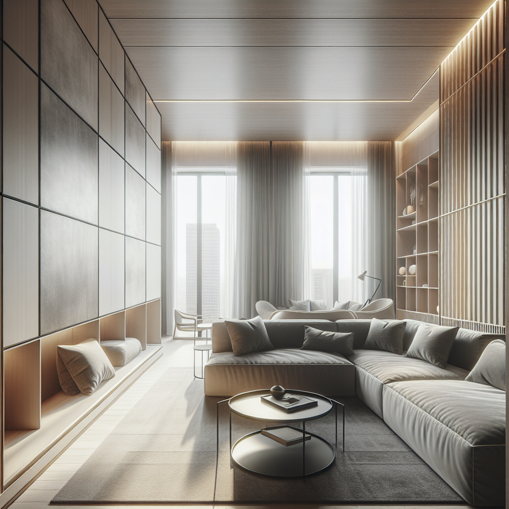Moderne woonkamer met grote ramen, lichte tinten en stijlvolle meubels.