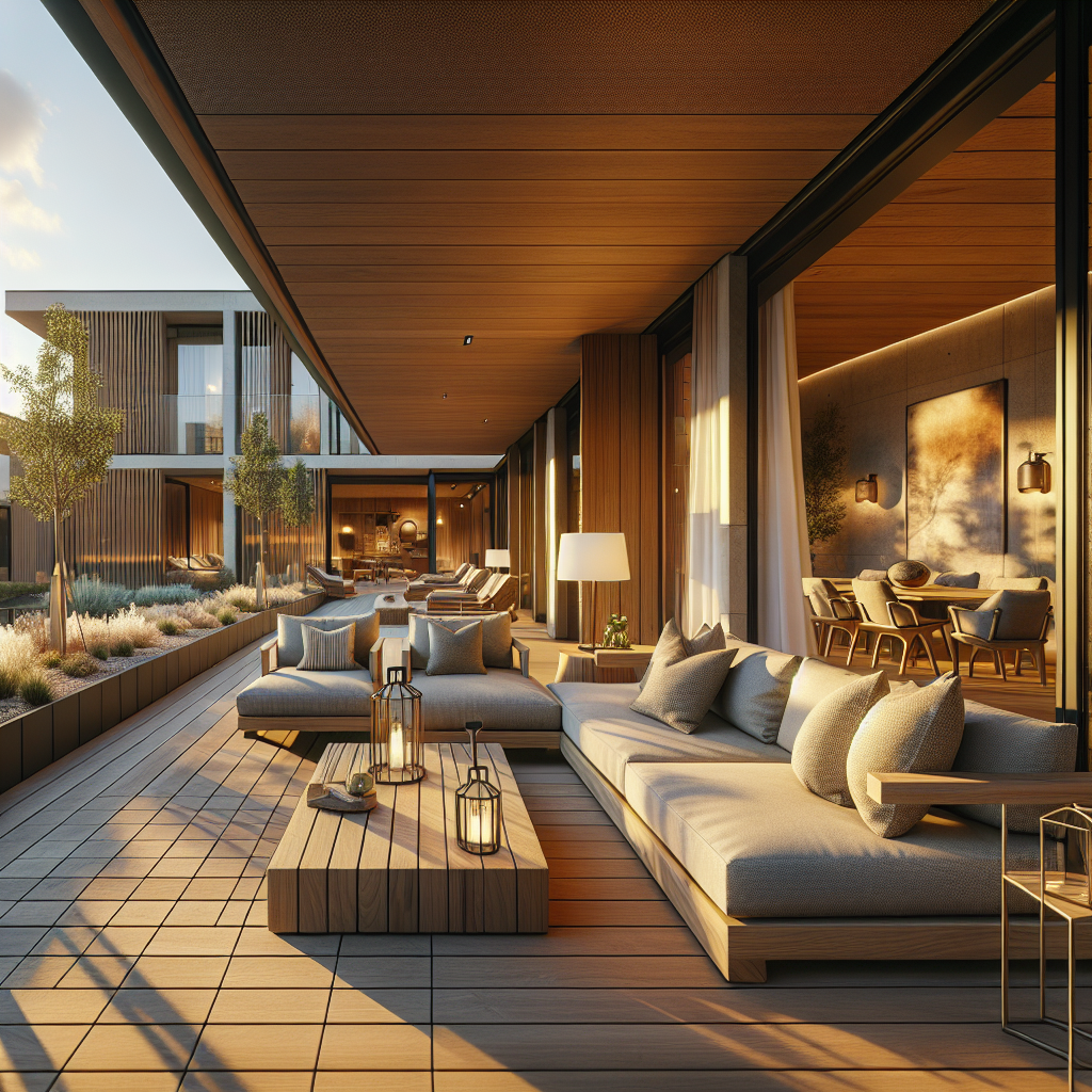 Moderne luxe buitenruimte met comfortabele zithoek en natuurlijk licht.