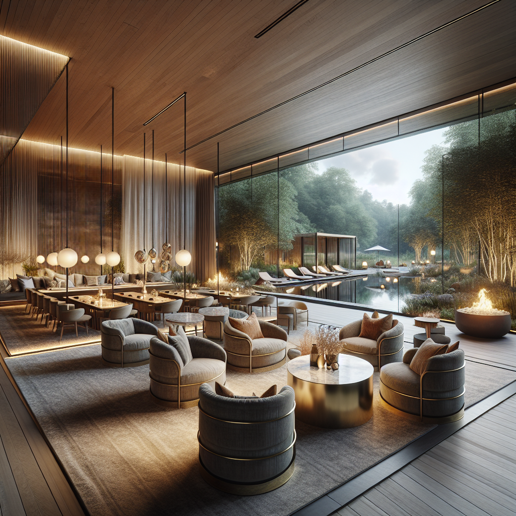 Een moderne lounge met comfortabele zitplaatsen en uitzicht op een serene tuin.