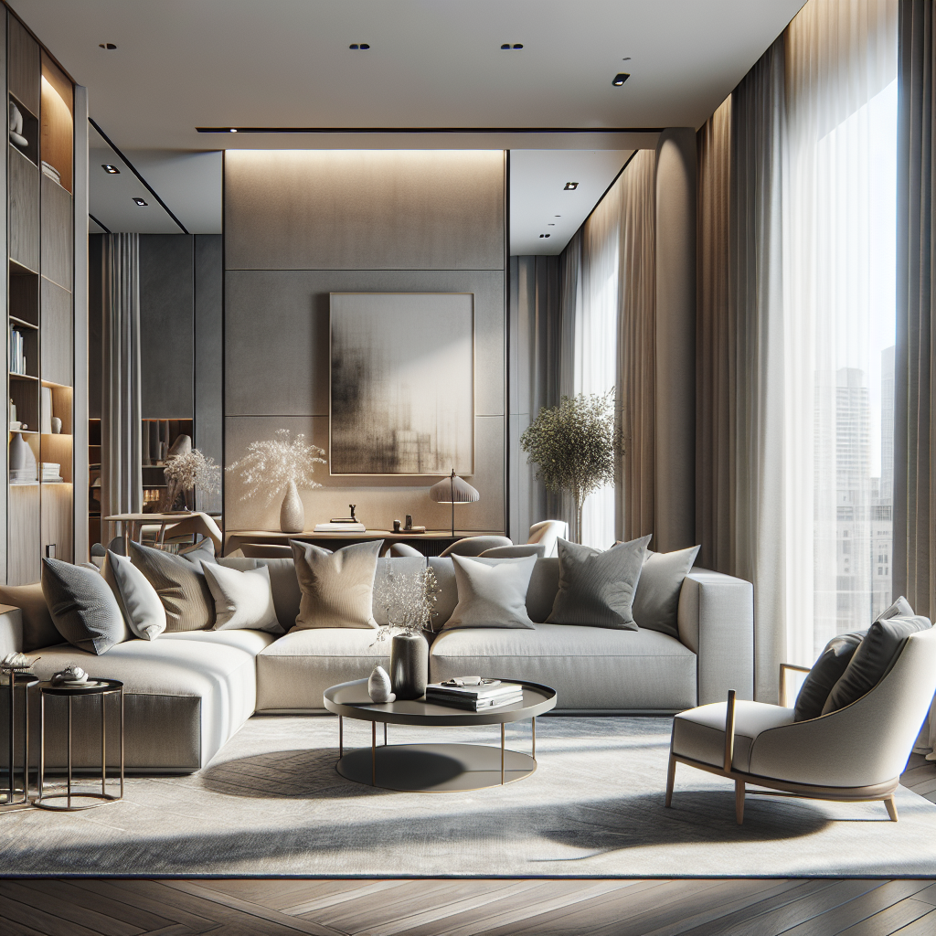 Moderne woonkamer met een elegante bank, lichte tinten en grote ramen.