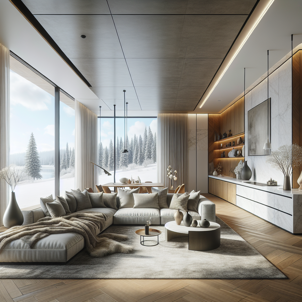 Moderne woonkamer met uitzicht op een besneeuwd landschap en elegante inrichting.