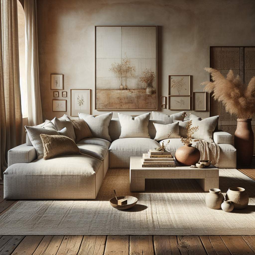 Ein helles, gemütliches Wohnzimmer mit einem bequemen Sofa und dekorativen Elementen.