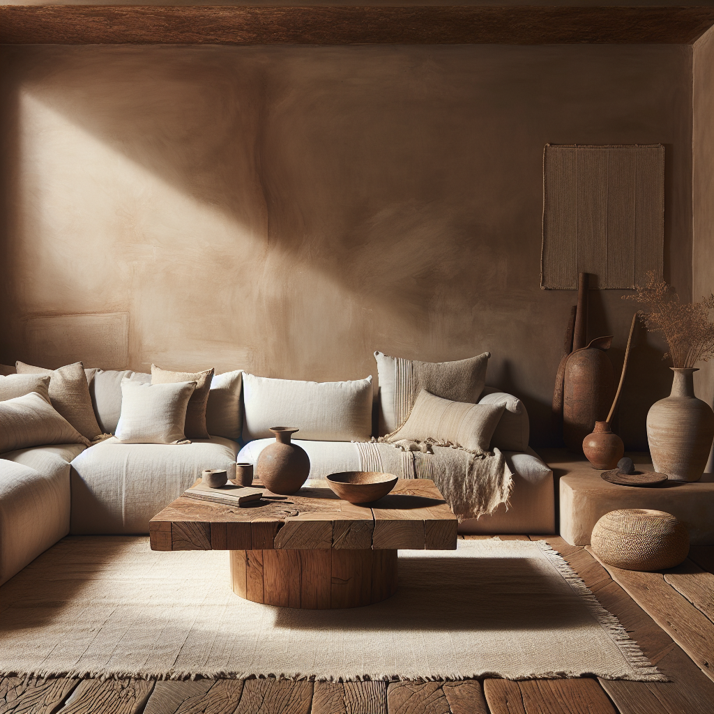 Een sfeervolle woonkamer met een houten salontafel en aardewerken vazen.