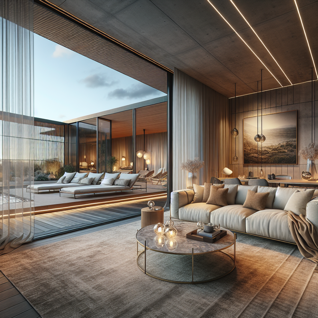 Moderne woonkamer met grote ramen, zachte meubels en stijlvol interieurontwerp.