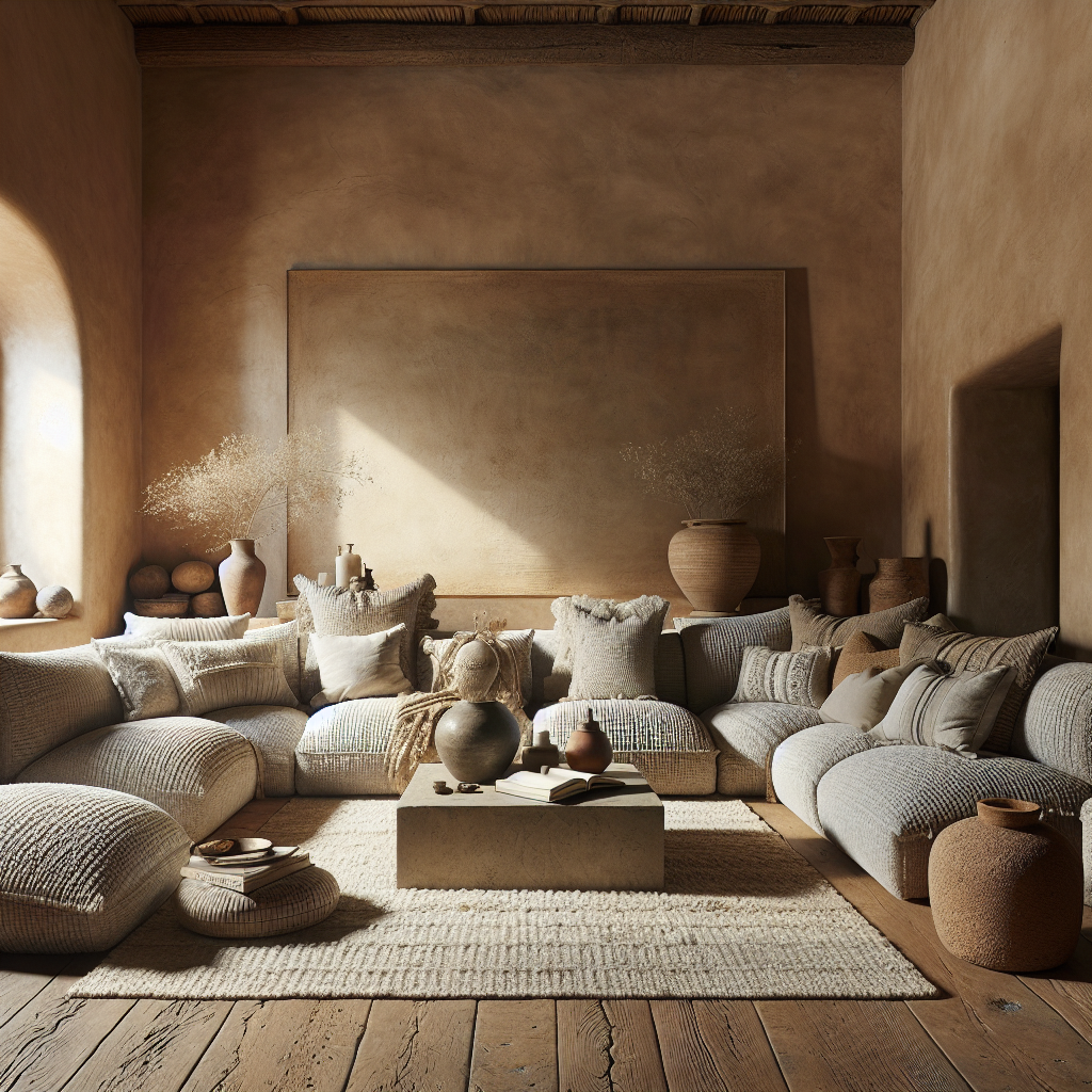 Een stijlvolle, comfortabele woonkamer met aardetinten en zachte texturen.