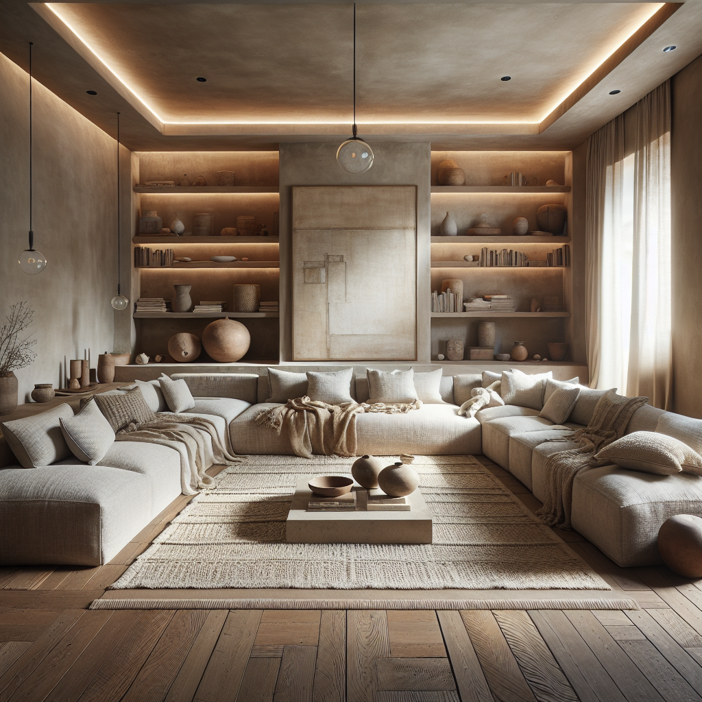 Ein stilvoller Wohnraum mit neutralen Farben, gemütlicher Couch und kunstvollen Dekorationen.