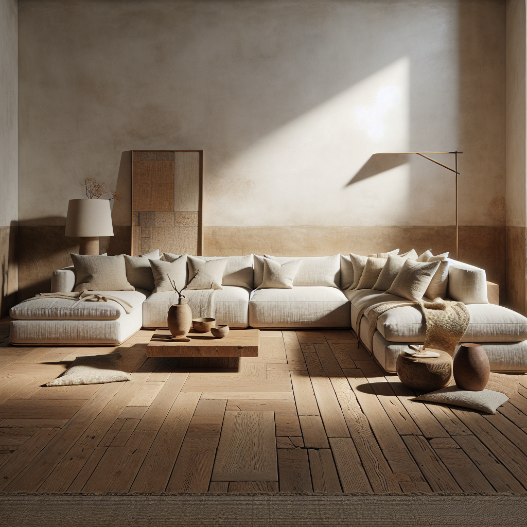 Gemütliches Wohnzimmer mit beigem Sofa, Holzboden und minimalistischer Dekoration.