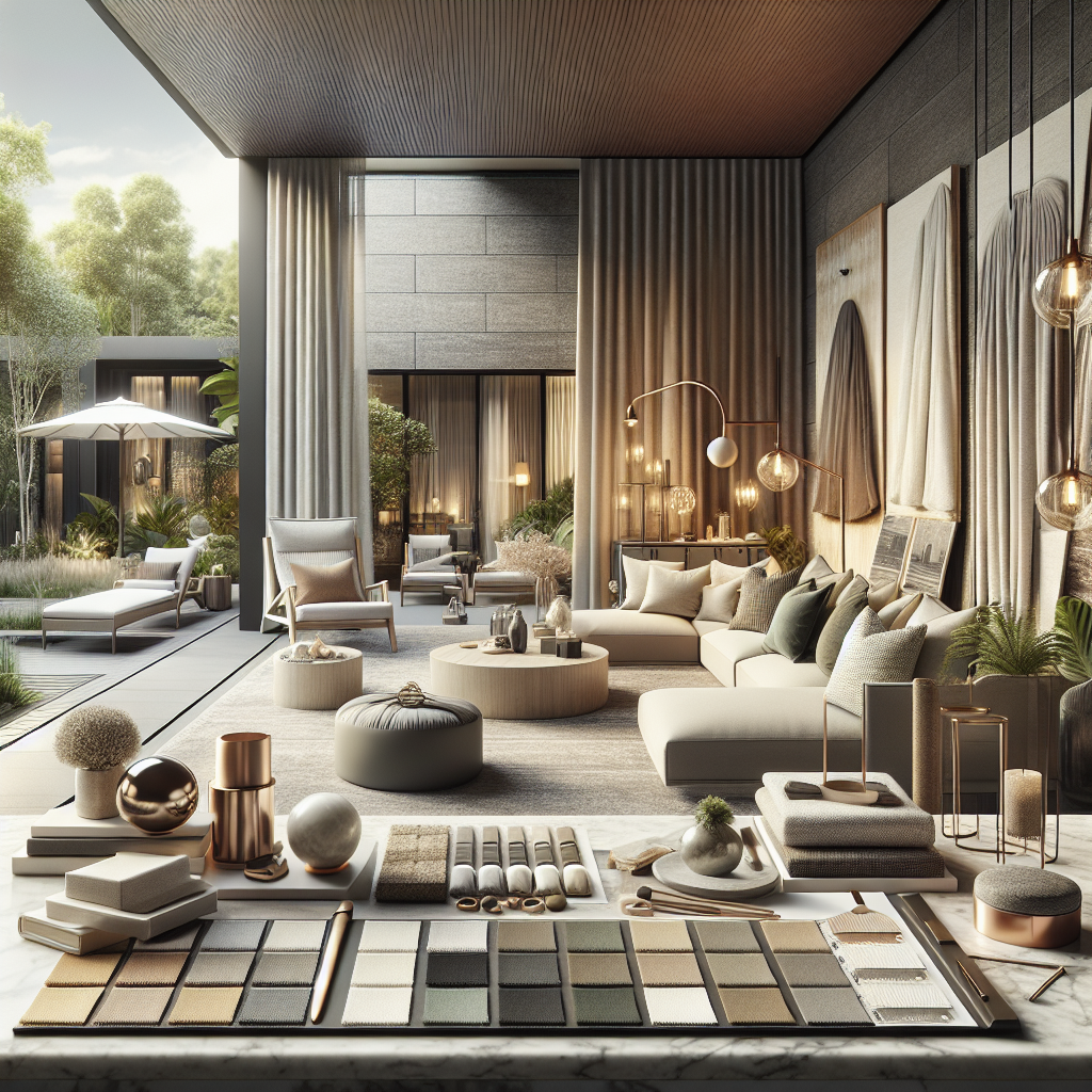 Elegant moderne woonkamer met natuurlijke elementen en een palette voor interieurontwerp.