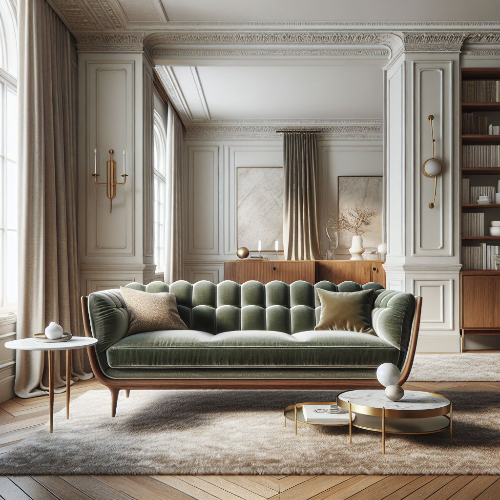 Elegant woonkamer met een groene bank, houten meubels en zachte verlichting.