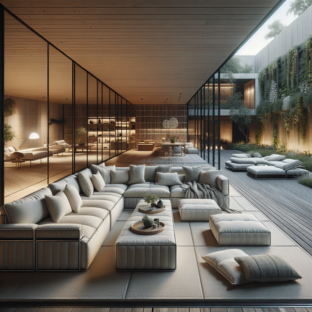 Moderne woonkamer met een chaise longue en toegang tot een prachtige binnenplaats.