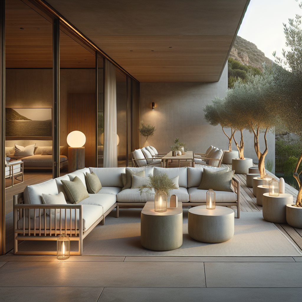 Moderne, sfeervolle patio met comfortabele zithoek en prachtige verlichting.
