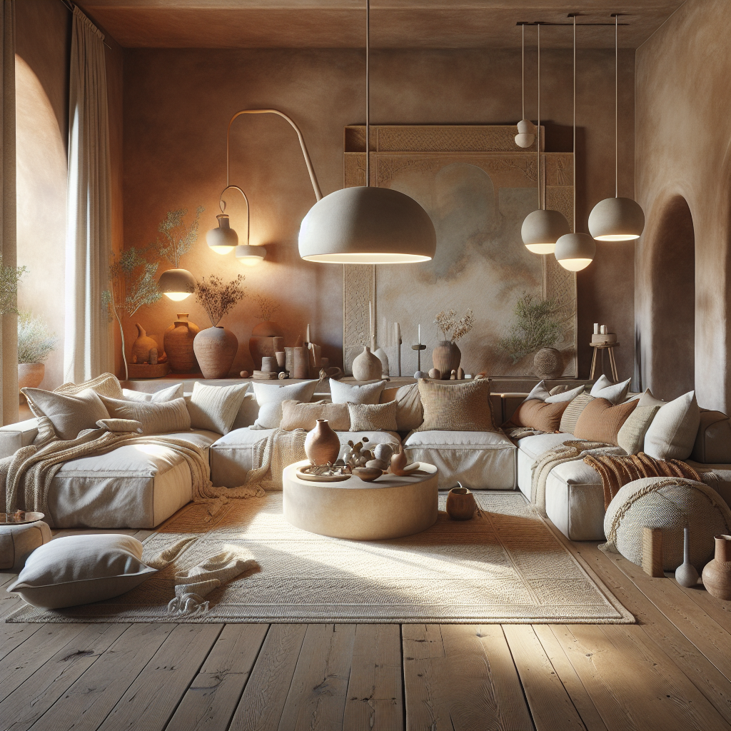 Lichte, aardse woonkamer met comfortabele meubels en decoratieve aardewerken potten.