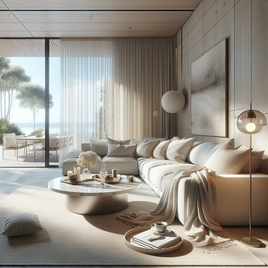 Moderne woonkamer met een lichte, minimalistische stijl en uitzicht op de zee.