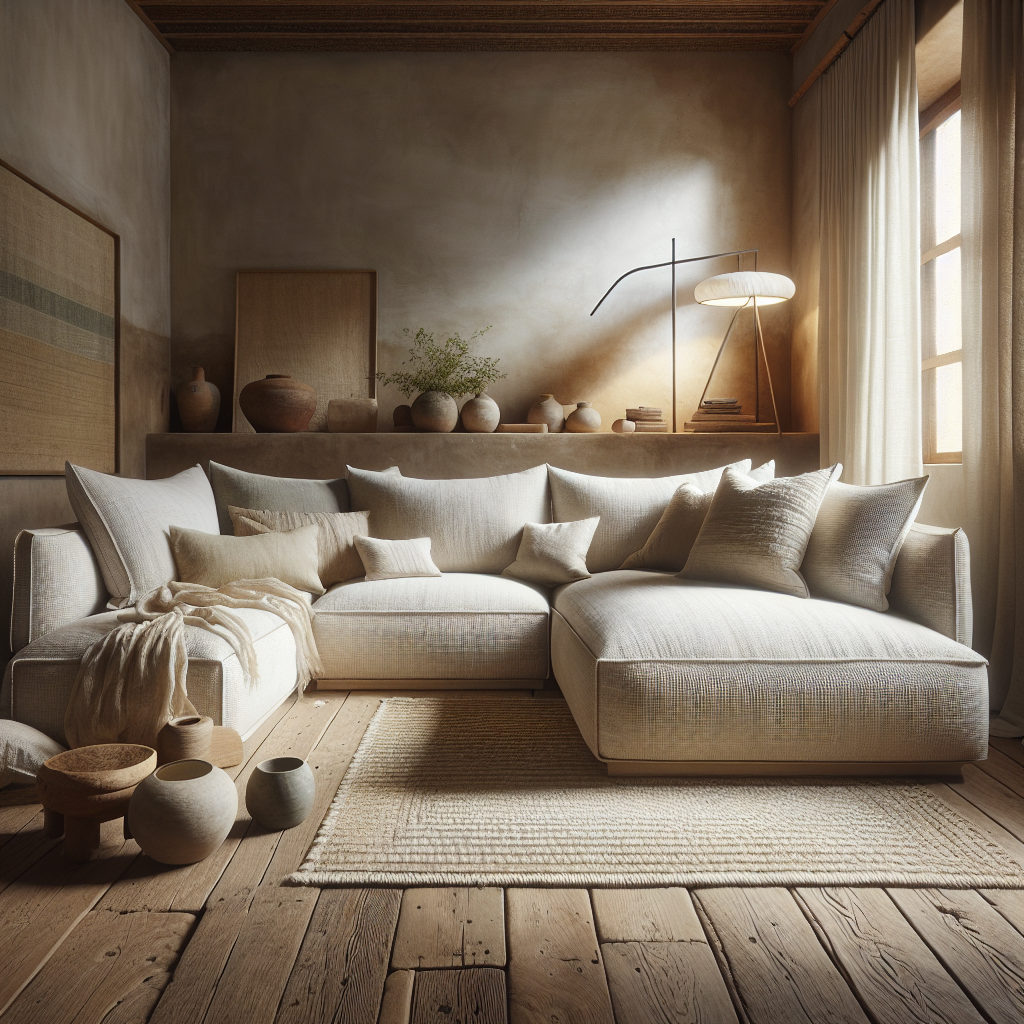 Een moderne woonkamer met een lichte bank, kussens en decoratieve aardewerk.