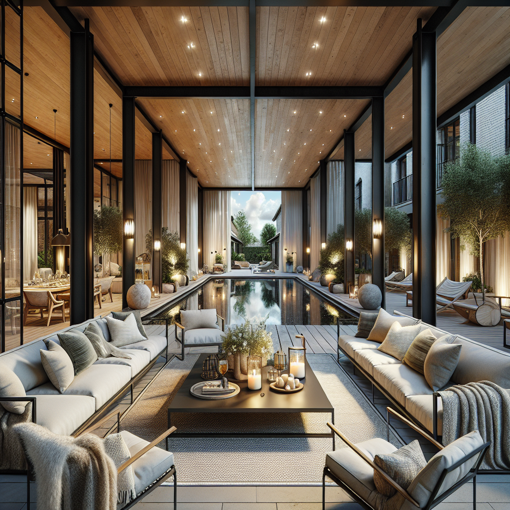 Moderne binnenruimte met een zwembad, comfortabele meubels en prachtig natuurlijk licht.