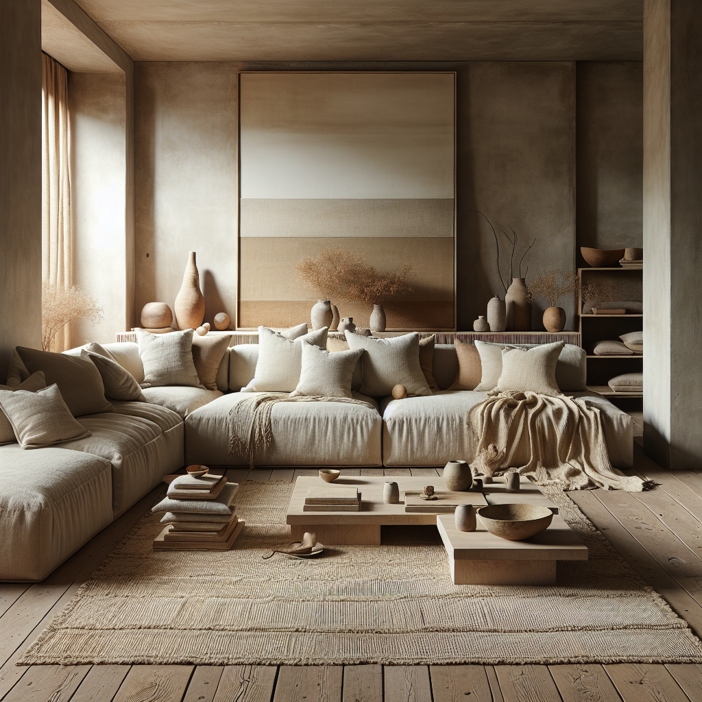 Een serene woonkamer met neutrale tinten, kussens en aardewerk decoraties.