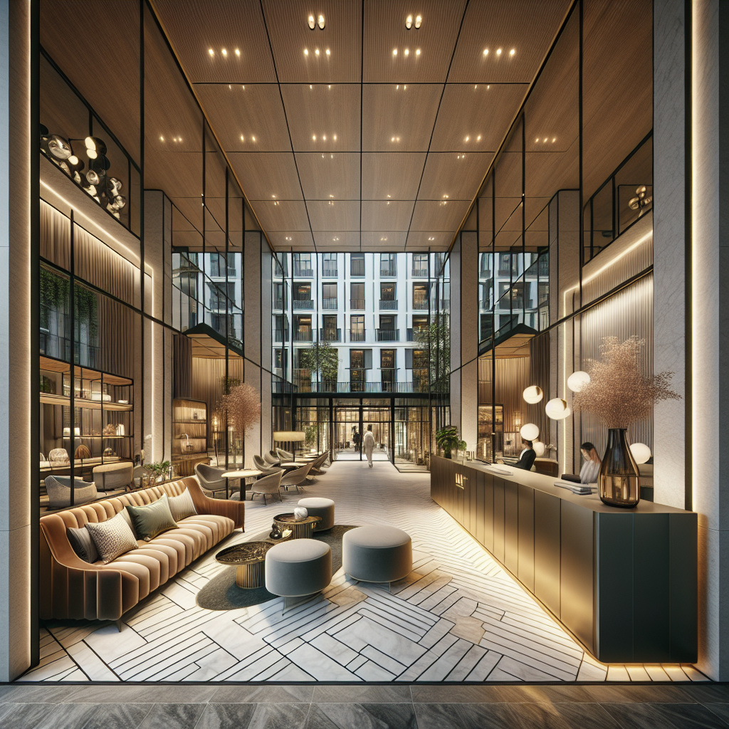 Moderne hotellobby met elegante meubels en veel natuurlijk licht.