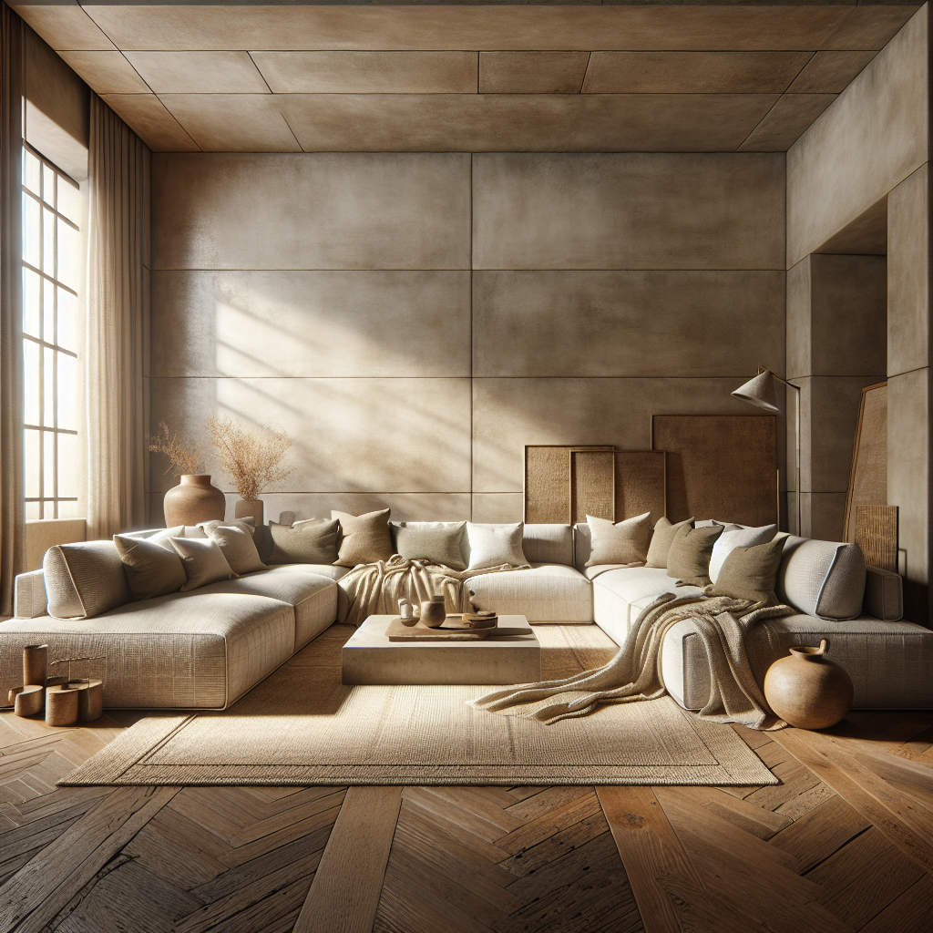 Heller und einladender Wohnraum mit gemütlicher Sofaecke und natürlichen Materialien.