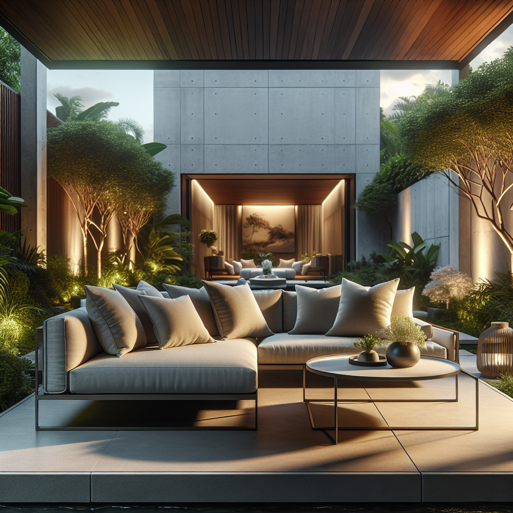 Moderne buitenruimte met comfortabele banken, planten en sfeerverlichting.