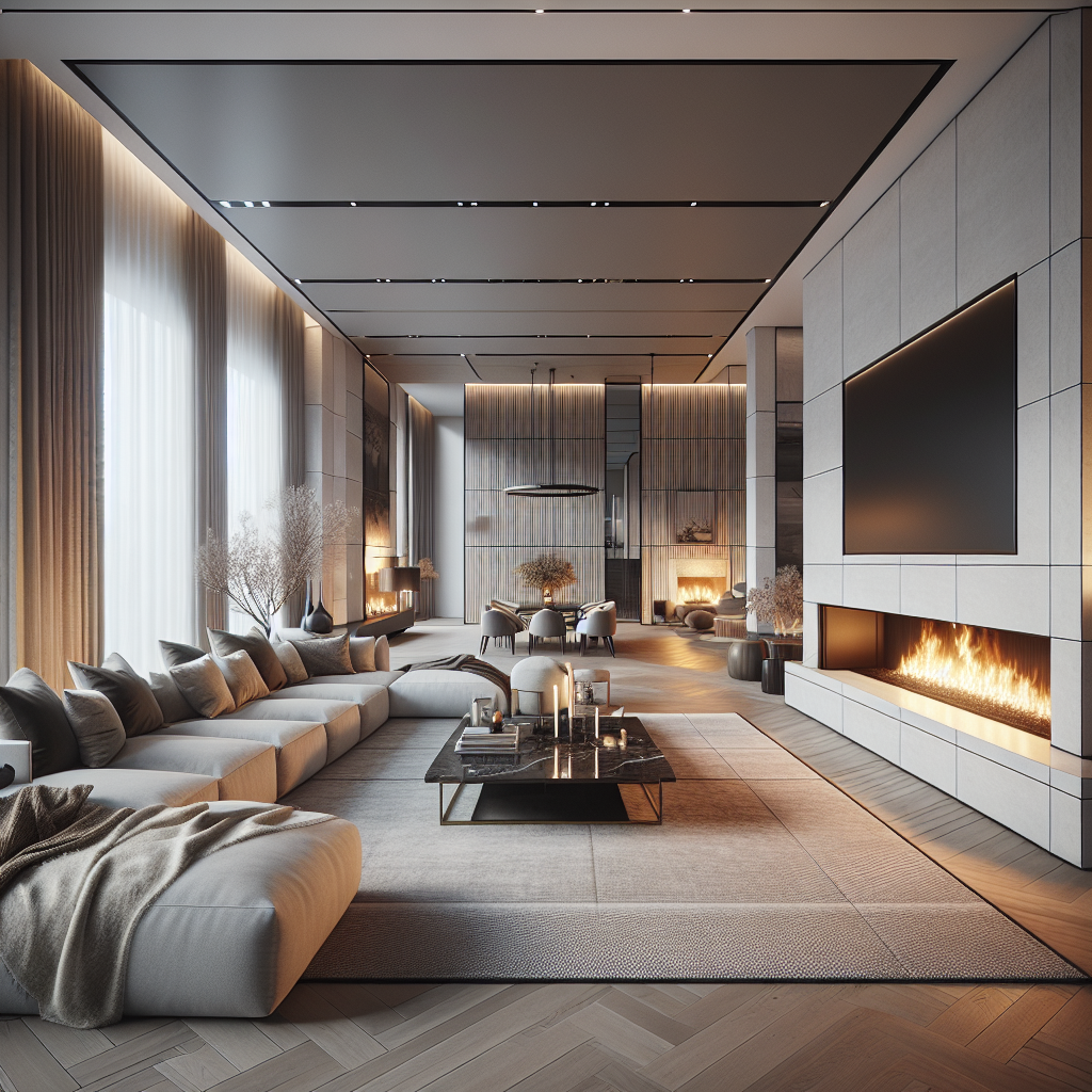 Modern woonkamer met comfortabele meubels en een warme open haard.