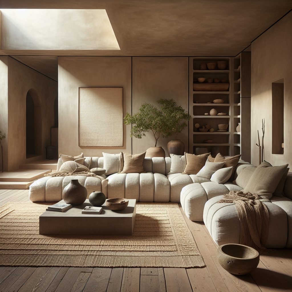 Eleganter Wohnraum mit neutralen Farben, gemütlicher Couch und dekorativen Töpfen.