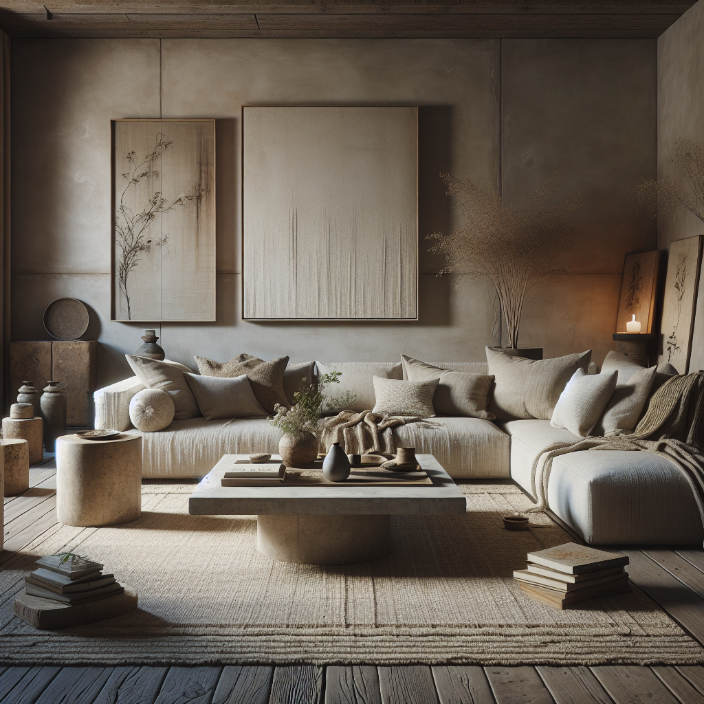 Elegantes Wohnzimmer mit neutralen Tönen, gemütlichem Sofa und minimalistischer Dekoration.