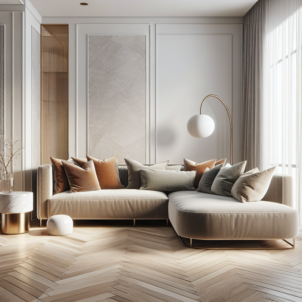 Modern woonkamer met een beige bank en stijlvolle kussens, afgewerkt met houten vloeren.