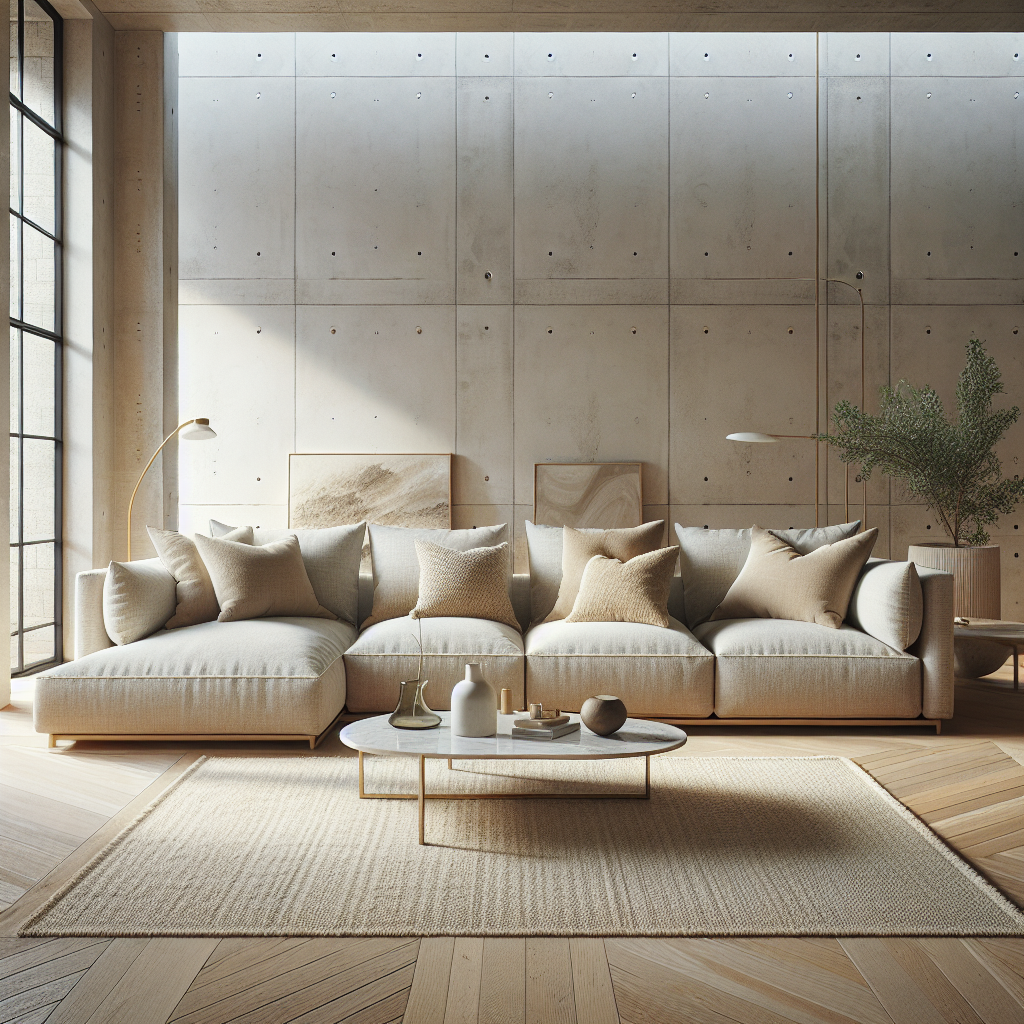 Moderne woonkamer met een comfortabele bank, decoratieve kussens en natuurlijke materialen.