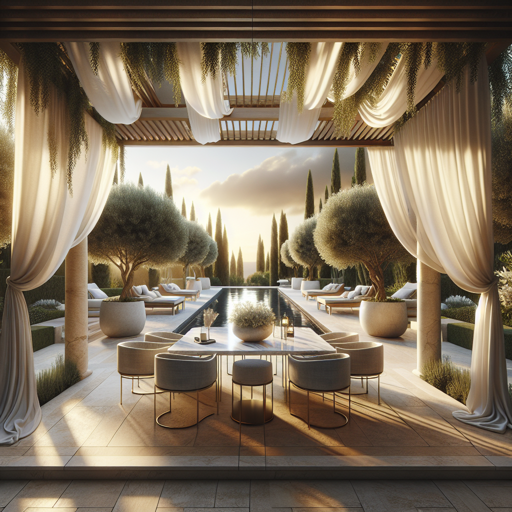 Een elegante buitenruimte met een zwembad, loungestoelen en groenere decoraties.