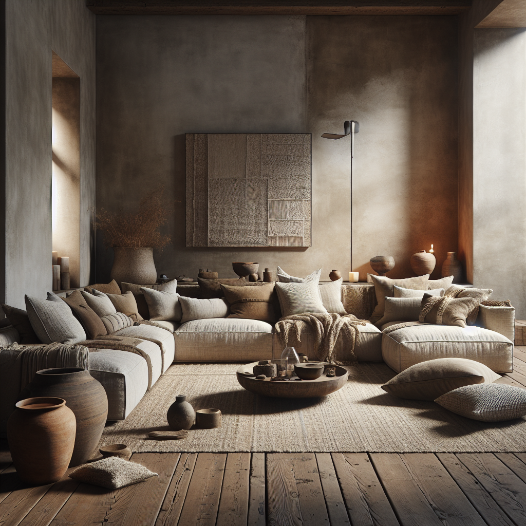 Gemütliches Wohnzimmer mit erdigen Farbtönen, weichen Kissen und handgefertigten Töpfen.