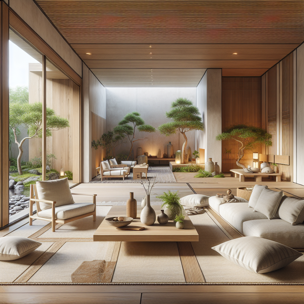 Moderne, minimalistische woning met natuurlijke elementen en een serene sfeer.